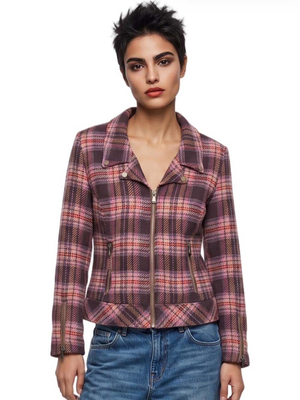 CJ BANKS Tan Orange Plaid Waist Coat Collar Cuffed Long sleeves Zip front Sporty